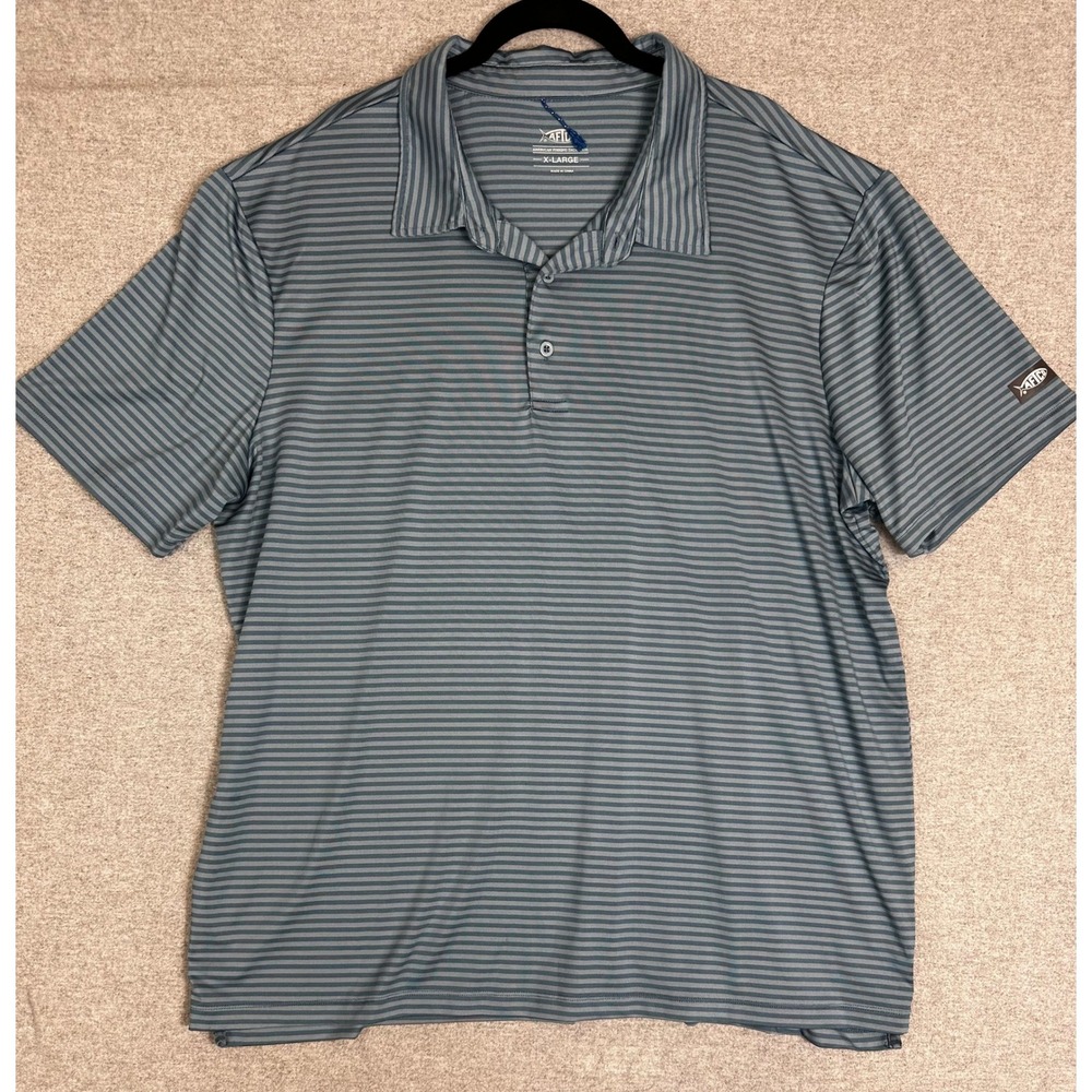 AFTCO Polo Shirt Mens XL Blue Striped Performance Fishing Top